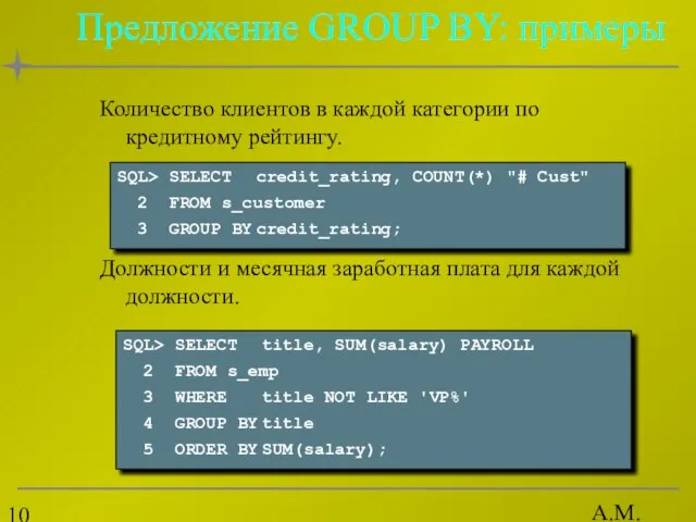 А.М. Гудов Предложение GROUP BY: примеры Количество клиентов в каждой категории по