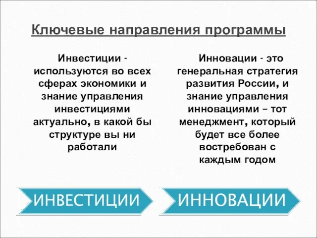 Ключевые направления программы Инвестиции - используются во всех сферах экономики и знание