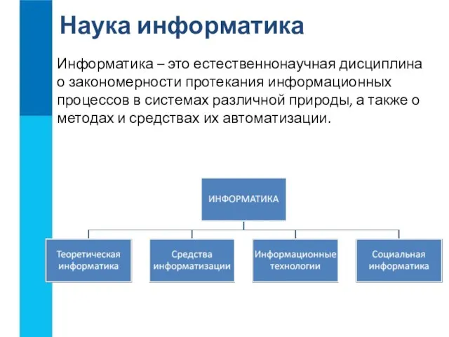 Наука информатика Информатика – это естественнонаучная дисциплина о закономерности протекания информационных процессов