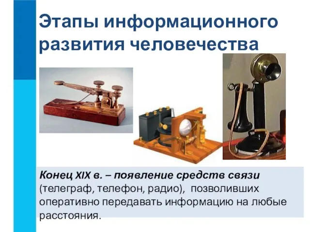 Конец XIX в. – появление средств связи (телеграф, телефон, радио), позволивших оперативно