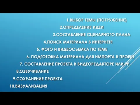 1.ВЫБОР ТЕМЫ (ПОГРУЖЕНИЕ) 2.ОПРЕДЕЛЕНИЕ ИДЕИ 3.СОСТАВЛЕНИЕ СЦЕНАРНОГО ПЛАНА 4.ПОИСК МАТЕРИАЛА В ИНТЕРНЕТЕ