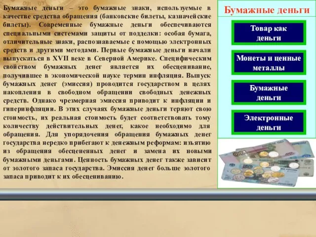 Товар как деньги Монеты и ценные металлы Бумажные деньги Электронные деньги Бумажные