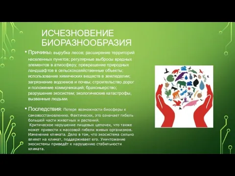 ИСЧЕЗНОВЕНИЕ БИОРАЗНООБРАЗИЯ Причины: вырубка лесов; расширение территорий населенных пунктов; регулярные выбросы вредных