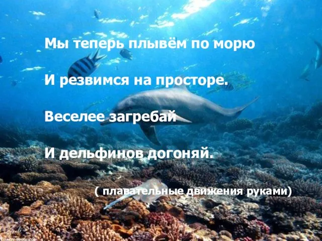 Мы теперь плывём по морю И резвимся на просторе. Веселее загребай И