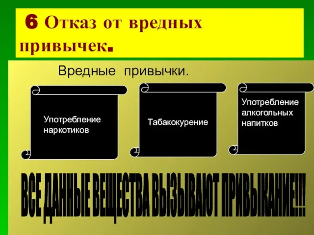 6 Отказ от вредных привычек. Вредные привычки. Употребление наркотиков Табакокурение Употребление алкогольных