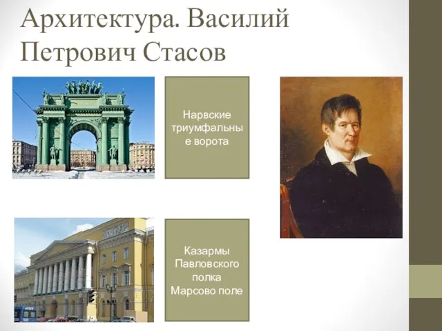 Архитектура. Василий Петрович Стасов Казармы Павловского полка Марсово поле Нарвские триумфальные ворота