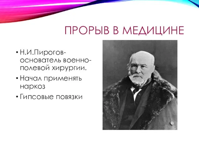 ПРОРЫВ В МЕДИЦИНЕ Н.И.Пирогов- основатель военно-полевой хирургии. Начал применять наркоз Гипсовые повязки