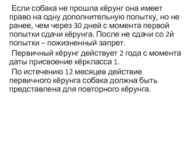 Если собака не прошла кёрунг она имеет право на одну дополнительную попытку,