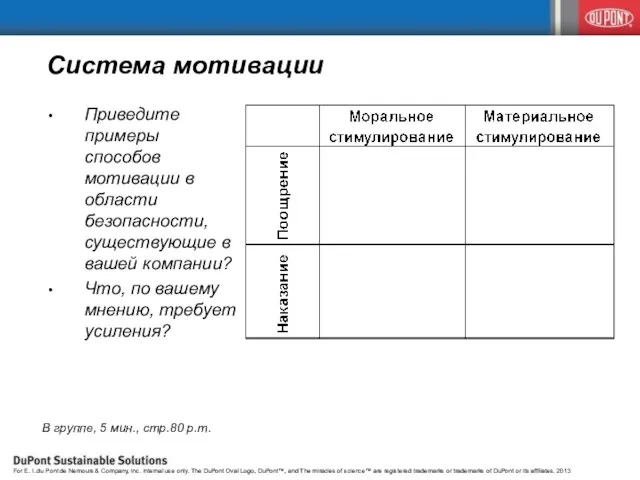 Система мотивации В группе, 5 мин., стр.80 р.т. Приведите примеры способов мотивации