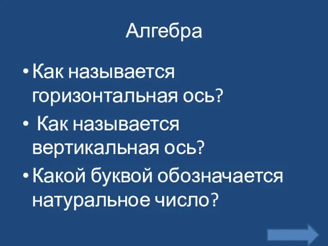 Алгебра Как называется горизонтальная ось? Как называется вертикальная ось? Какой буквой обозначается натуральное число?