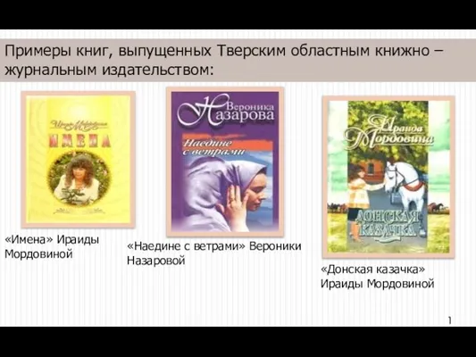 Примеры книг, выпущенных Тверским областным книжно – журнальным издательством: «Имена» Ираиды Мордовиной