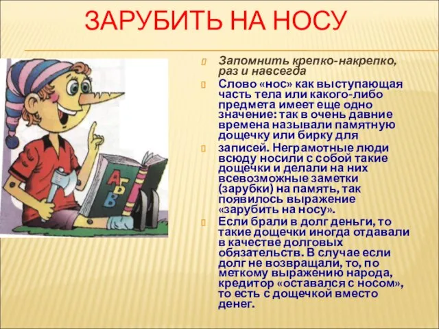 ЗАРУБИТЬ НА НОСУ Запомнить крепко-накрепко, раз и навсегда Слово «нос» как выступающая