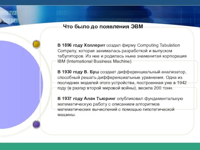 Что было до появления ЭВМ В 1896 году Холлерит создал фирму Computing