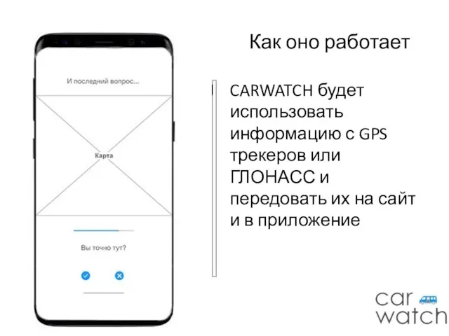 Как оно работает CARWATCH будет использовать информацию с GPS трекеров или ГЛОНАСС