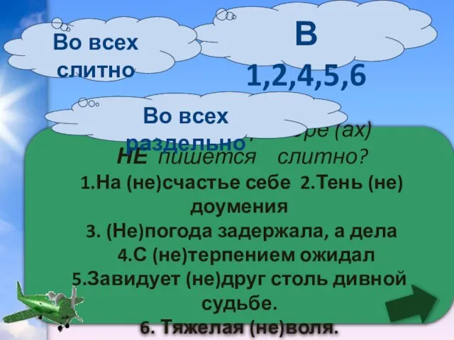 В каком (их) примере (ах) НЕ пишется слитно? 1.На (не)счастье себе 2.Тень