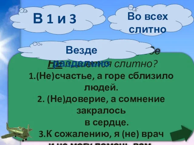 Есть ли пример(ы), где НЕ пишется слитно? 1.(Не)счастье, а горе сблизило людей.