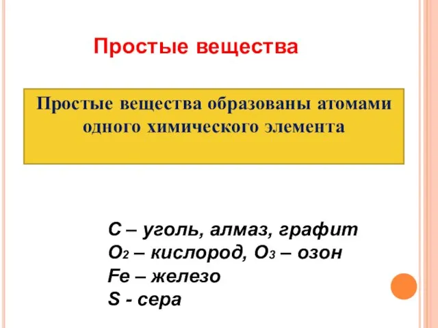 Простые вещества Простые вещества образованы атомами одного химического элемента С – уголь,