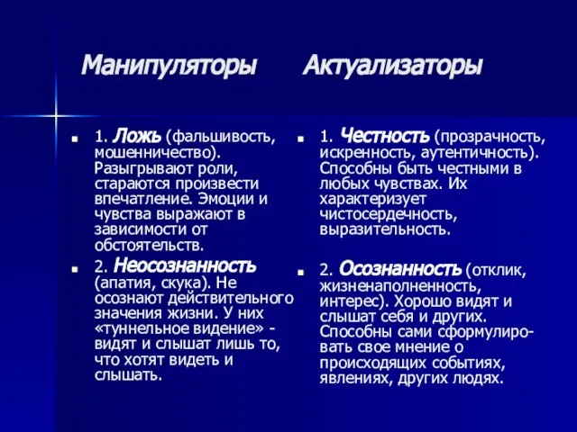 Манипуляторы Актуализаторы 1. Ложь (фальшивость, мошенничество). Разыгрывают роли, стараются произвести впечатление. Эмоции