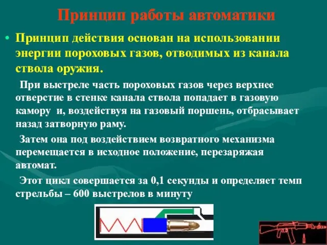 Принцип работы автоматики Принцип действия основан на использовании энергии пороховых газов, отводимых