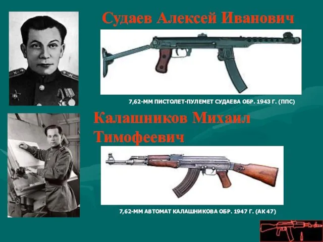 Судаев Алексей Иванович 7,62-ММ ПИСТОЛЕТ-ПУЛЕМЕТ СУДАЕВА ОБР. 1943 Г. (ППС) Калашников Михаил