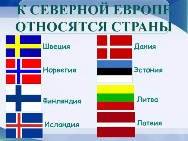 К СЕВЕРНОЙ ЕВРОПЕ ОТНОСЯТСЯ СТРАНЫ Швеция Норвегия Финляндия Исландия Дания Эстония Литва Латвия