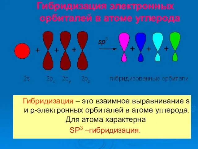 Гибридизация электронных орбиталей в атоме углерода Гибридизация – это взаимное выравнивание s