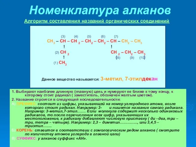 Номенклатура алканов 1. Выбирают наиболее длинную (главную) цепь и нумеруют ее ближе