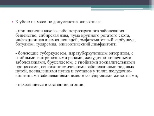 К убою на мясо не допускаются животные: - при наличие какого-либо острозаразного