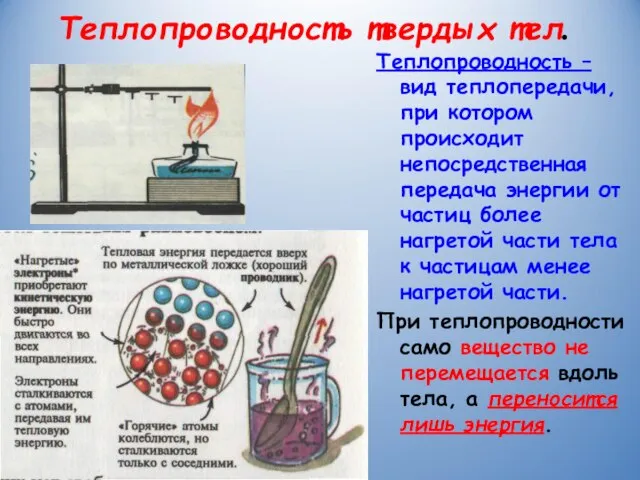 Теплопроводность твердых тел. Теплопроводность – вид теплопередачи, при котором происходит непосредственная передача