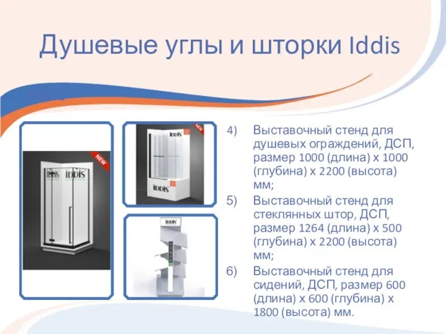 Душевые углы и шторки Iddis Рис.1 Выставочный стенд для душевых ограждений, ДСП,