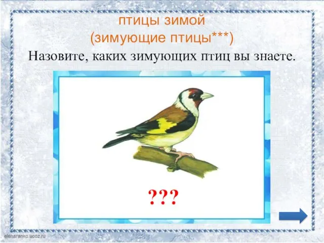 птицы зимой (зимующие птицы***) Назовите, каких зимующих птиц вы знаете. ???