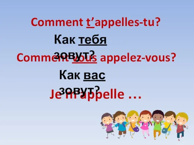 Comment t’appelles-tu? Comment vous appelez-vous? Je m’appelle … Как тебя зовут? Как вас зовут?