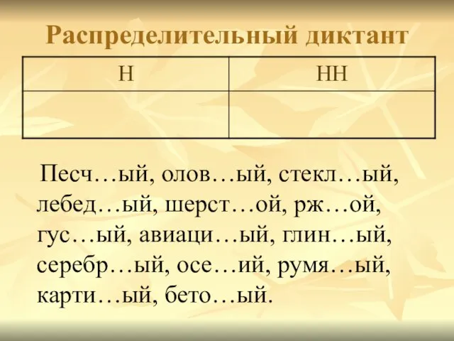 Распределительный диктант Песч…ый, олов…ый, стекл…ый, лебед…ый, шерст…ой, рж…ой, гус…ый, авиаци…ый, глин…ый, серебр…ый, осе…ий, румя…ый, карти…ый, бето…ый.