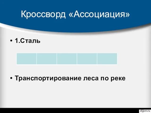 Кроссворд «Ассоциация» 1.Сталь Транспортирование леса по реке