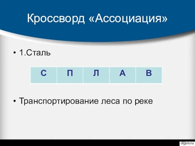 Кроссворд «Ассоциация» 1.Сталь Транспортирование леса по реке