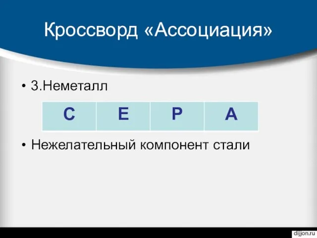 Кроссворд «Ассоциация» 3.Неметалл Нежелательный компонент стали