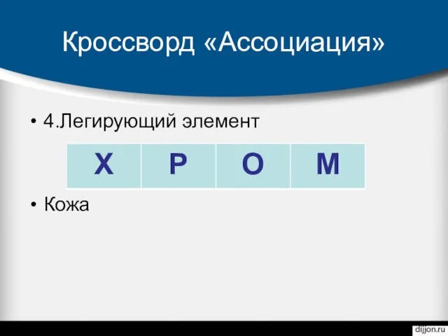 Кроссворд «Ассоциация» 4.Легирующий элемент Кожа