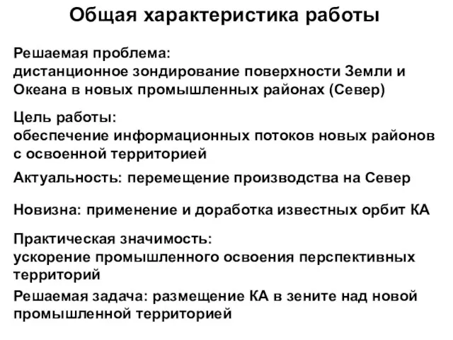 Общая характеристика работы Решаемая проблема: дистанционное зондирование поверхности Земли и Океана в