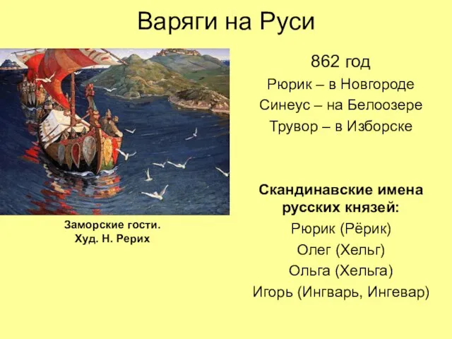 Варяги на Руси 862 год Рюрик – в Новгороде Синеус – на