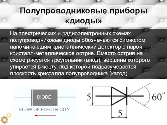 Полупроводниковые приборы «диоды» На электрических и радиоэлектронных схемах полупроводниковые диоды обозначаются символом,