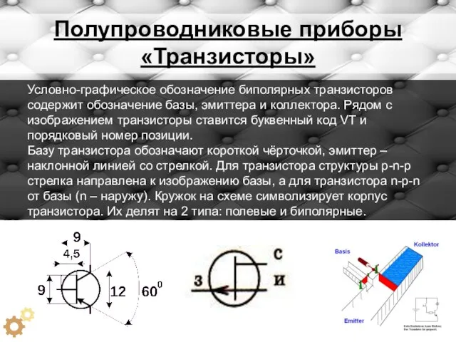 Полупроводниковые приборы «Транзисторы» Условно-графическое обозначение биполярных транзисторов содержит обозначение базы, эмиттера и