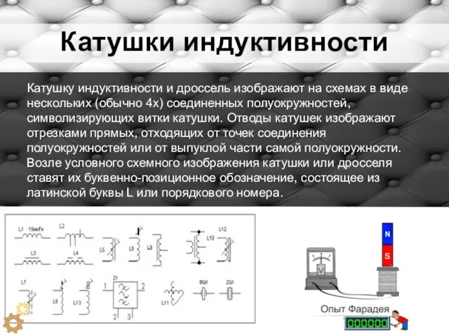 Катушки индуктивности Катушку индуктивности и дроссель изображают на схемах в виде нескольких