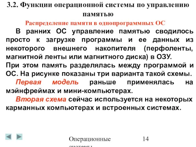 Операционные системы 3.2. Функции операционной системы по управлению памятью В ранних ОС