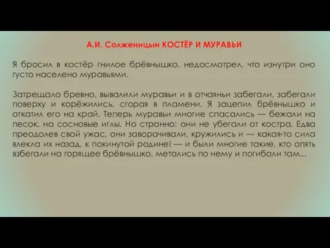 А.И. Солженицын КОСТЁР И МУРАВЬИ Я бросил в костёр гнилое брёвнышко, недосмотрел,