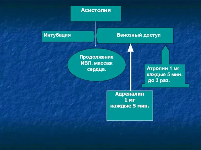 Асистолия Продолжение ИВЛ, массаж сердца. Интубация Атропин 1 мг каждые 5 мин.