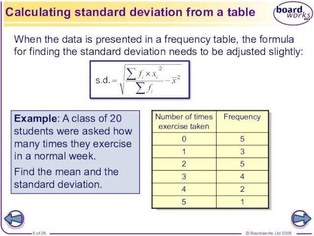 When the data is presented in a frequency table, the formula for