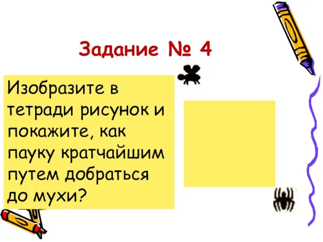 Задание № 4 Изобразите в тетради рисунок и покажите, как пауку кратчайшим путем добраться до мухи?