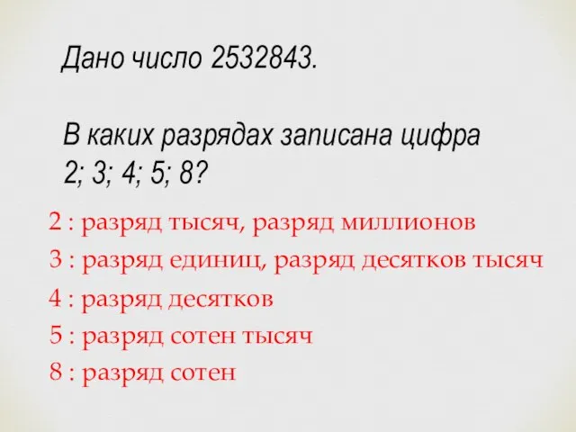 Дано число 2532843. В каких разрядах записана цифра 2; 3; 4; 5;