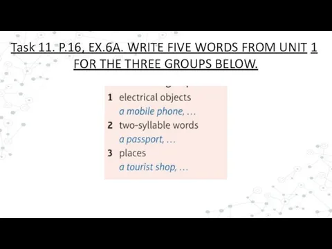 Task 11. P.16, EX.6A. WRITE FIVE WORDS FROM UNIT 1 FOR THE THREE GROUPS BELOW.