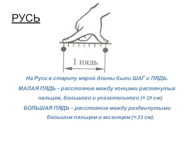 РУСЬ На Руси в старину мерой длины были ШАГ и ПЯДЬ. МАЛАЯ